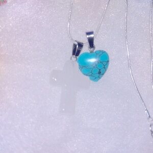 Boho hippie Quartz Crystal Cross & Turquoise heart Sterling Silver 16” Necklace